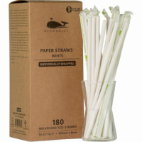 Milkshake Size Paper Straws- White, Individually Wrapped