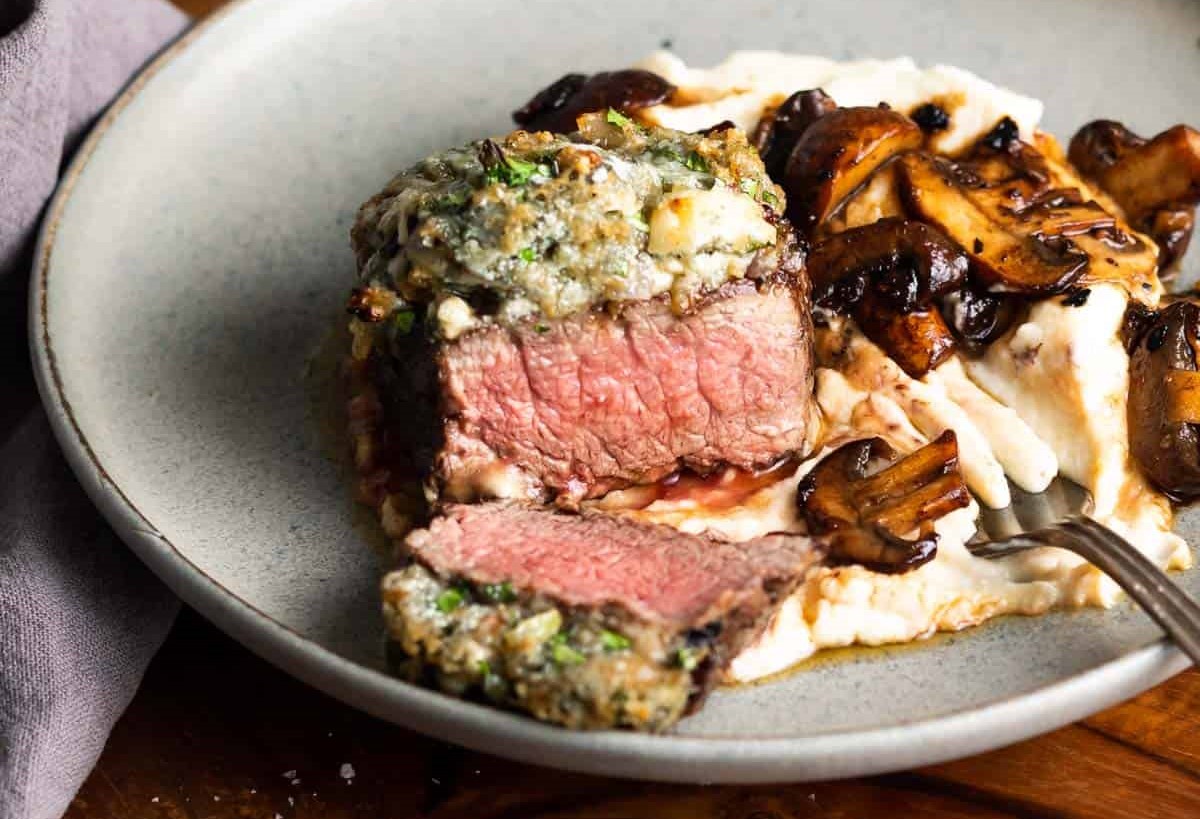 Keto Blue Cheese Crusted Filet with Mashed Cauliflower and Balsamic Mushrooms